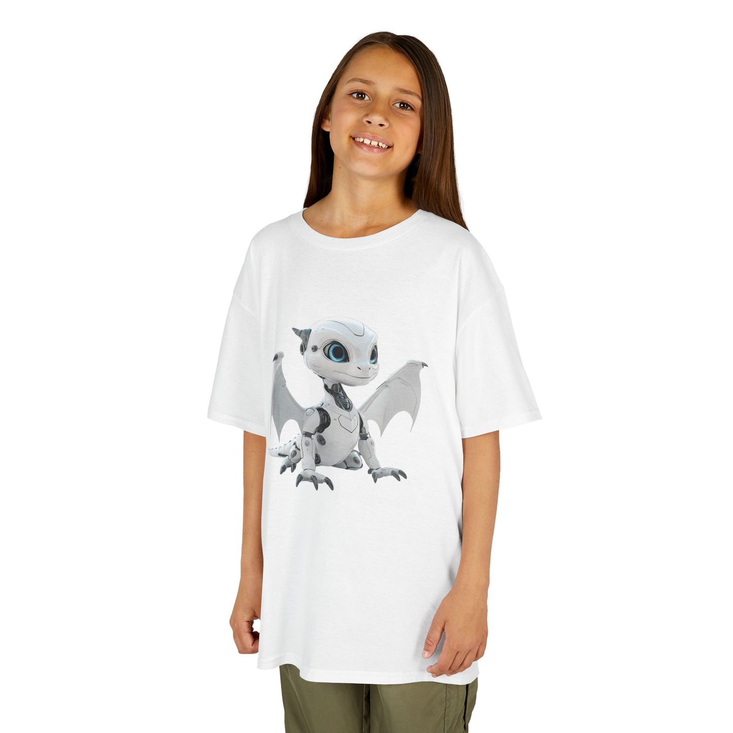 Cute White Robot Dragon Kids Heavy Cotton T-Shirt - Teeny Tiny Dragons