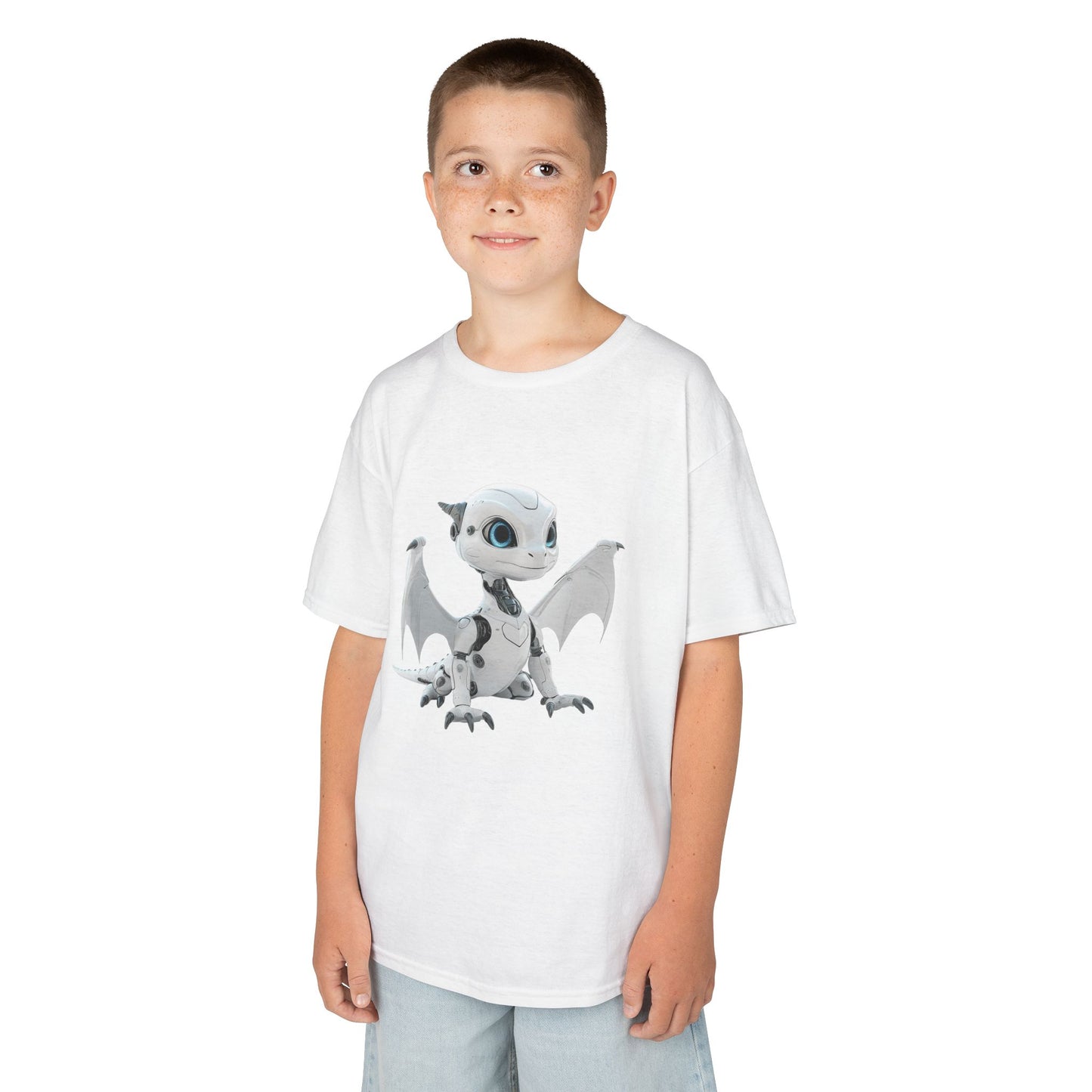 Cute White Robot Dragon Kids Heavy Cotton T-Shirt - Teeny Tiny Dragons