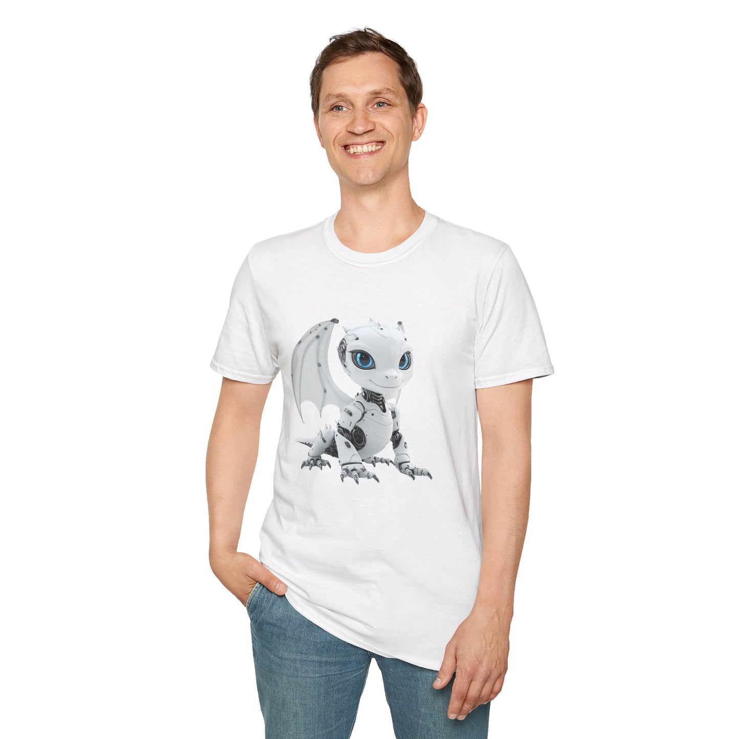 White Robot Dragon Adult Unisex Softstyle T-Shirt - Teeny Tiny Dragons