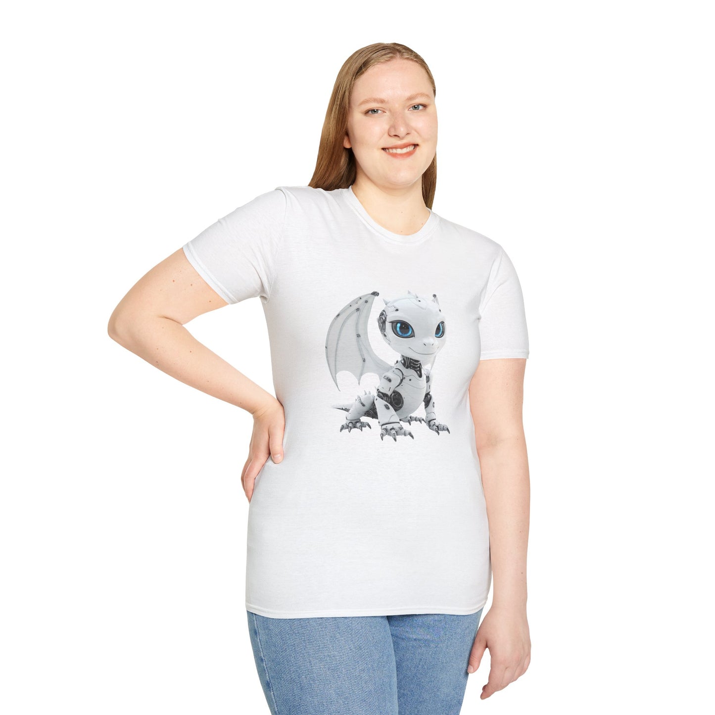 White Robot Dragon Adult Unisex Softstyle T-Shirt - Teeny Tiny Dragons